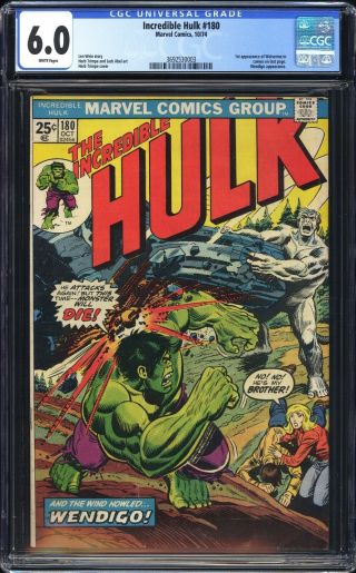 Incredible Hulk 180 Cgc 6.  0 1st App Of Wolverine In Cameo Key White Pages