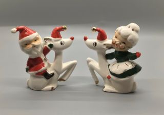 Vintage Santa And Mrs Claus Riding On Reindeers Salt And Pepper Shakers