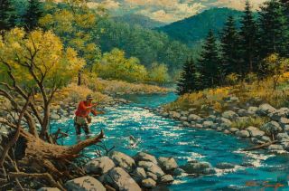 Art Arthur Sarnoff Oil Painting Fishing Illustration Large 36x24