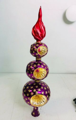 Vtg Early Christmas Radko Tree Topper Purple Indent Gold Stars With Red Flame