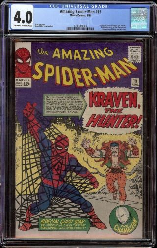 Spider - Man 15 Cgc 4.  0 Ow/w (marvel,  1964) 1st Kraven The Hunter