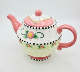 At Home With Mary Engelbreit Heart Cookie Tea Pot Pink Yellow Rose Enesco 2001