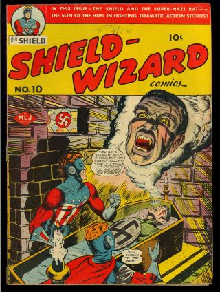 Shield - Wizard Comics 10 (missing Cf) Classic Nazi Wwii Cover Mlj 1943 Vg