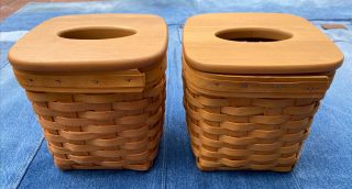 Longaberger Tall Square Tissue Baskets With Lids,  Liners Handwoven