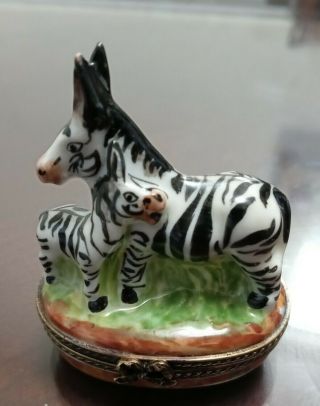Vintage Limoges France Hand Painted Trinket Box Zebra & Baby