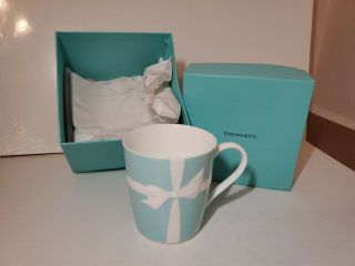 Tiffany & Co.  Blue White Ribbon Bone China Mug Embossed Bow Japan Made Box Wear