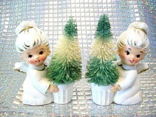 Rare Vtg Japan Christmas Angel Girl Gold Trim Candle Holder Bottle Brush Trees