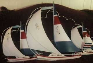 Vintage Metal Wall Art Sculpture 3 - D Sailboat Regatta Nautical Beach Coastal