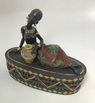 Rare Vintage African Woman Trinket Box By Santini Hand Painted Detail