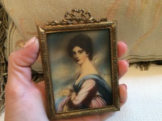 Antique Vtg Victorian French Miniature Signed Lady Frame Metal Painting