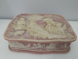 Vtge Incolay Stone Pink Jewelry Trinket Box Victorian Cats Boy Girl Usa 10.  75 "