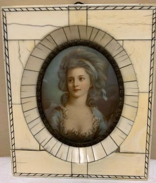 Antique Portrait Miniature Bone Frame Young Lady In Blue W/hair Ribbon