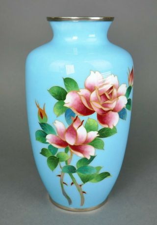 Fine Old Japanese Cloisonne Enamel Powder Blue Rose Ikebana Flower Vase