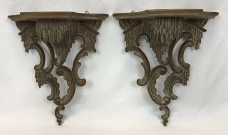Pair Vintage Ornate Hand Carved Wood Display Wall Shelves Sconces