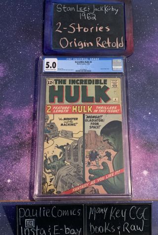 Incredible Hulk 4 Marvel Comic 1962 Cgc 5.  0 Origin Retold Stan Lee Jack Kirby