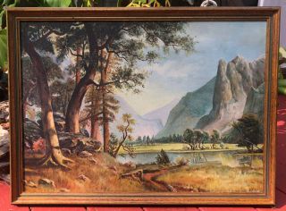 Vintage 1940s Oil Painting Mountain Landscape Signed Framed Gilded Wood Frame