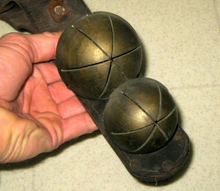 Large Antique Brass Sleigh Bells On Leather Strap / Cow Bell / Primitive
