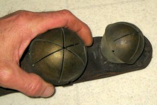 LARGE ANTIQUE BRASS SLEIGH BELLS ON LEATHER STRAP / COW BELL / PRIMITIVE 2