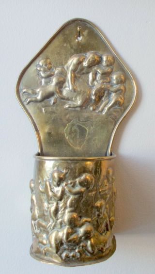 Vtg Cherub Angel Satyr Brass Repousse Relief Wall Pocket Match Holder Vase