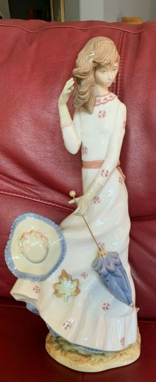 Porcelain Lladro Nao Figurine Rare 16 " Nao Gloss Woman W Umbrella Hat