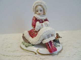 Extremely Rare Irish Dresden Figurine Porcelain Lace Girl Figure - Winter Sled