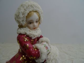 EXTREMELY RARE IRISH DRESDEN FIGURINE PORCELAIN LACE GIRL FIGURE - WINTER SLED 2