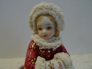 EXTREMELY RARE IRISH DRESDEN FIGURINE PORCELAIN LACE GIRL FIGURE - WINTER SLED 3