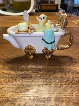 Vintage England Swineside Teapottery Rubber Duck Bath Tub Ceramic Teapot Uk Made