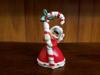 Vtg Napco 1956 Christmas Candy Cane Girl Angel Bell Figurine W/ Red Hood Hat
