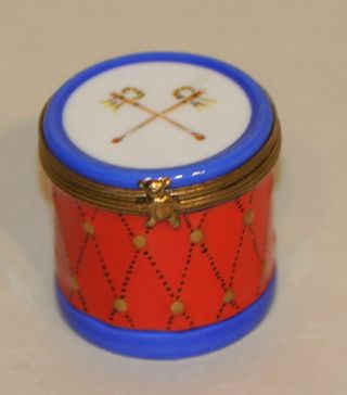 Limoges France Peint Main Trinket Box Red White & Blue Drum W/ Teddy Bear Clasp