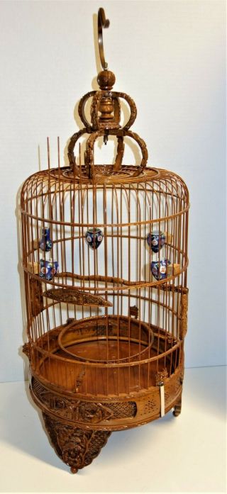Chinese Bamboo Bird Cage - With 5 Porcelain Feeding Cups 1980 