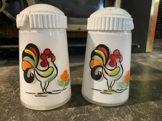 Vintage Bartlett Collins Rooster Shakers Hand Painted Glass Rare