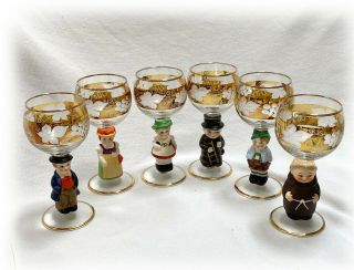 Full Set 6 Goebel Hummel Figurine Stems W.  German Wine Gold Cut Wine Glasses