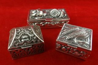 3 Antique Sterling Silver Small Trinket Boxes W/ Repousse Floral Work