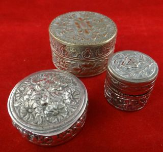 3 Antique Sterling Silver Small Round Trinket Boxes W/ Repousse Floral Work