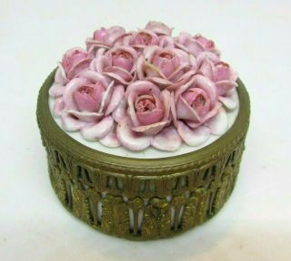 Antique French Trinket Jewelry Box,  W/ Applied Modeled Roses & Brass Filigree