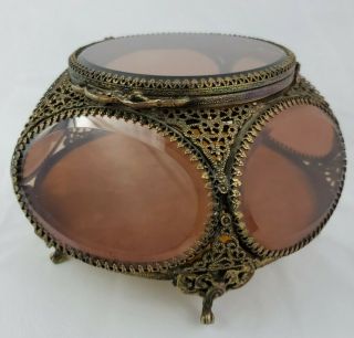Vintage Brass Ormolu Amber Beveled Glass Casket Vitrine Jewelry Box Huge