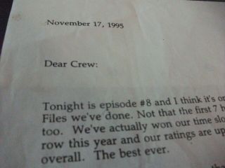 X - Files - Tv Series - Thank You Letter To Crew From Chris Carter - 1995 - Rare
