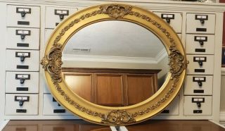 Vintage Antique Ornate Gold Gesso Wood Framed Wall Mirror 25.  5x21.  5 Oval