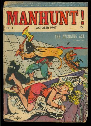 Manhunt 1 Good Girl Cover First Issue Pre - Code Golden Age L.  B.  Cole 1947 Gd,