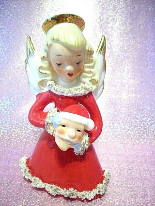 Rare Vtg Japan Christmas Angel Girl Holds Santa Face Mask Bell Figurine