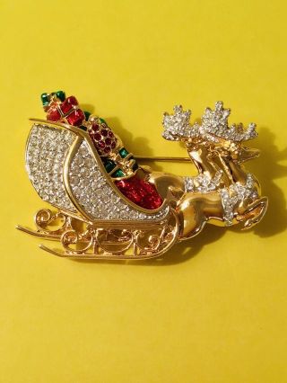 Swarovski Crystal Swan Signed Santa’s Sleigh Christmas Pave Brooch Pin Stunning