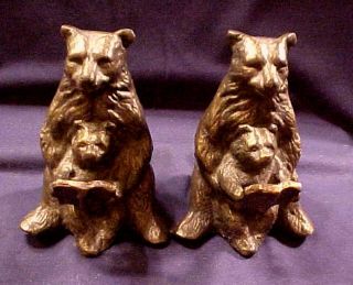 Vintage Estate Charming Mama Bear & Cub Reading Cast Iron Bronze Bookends