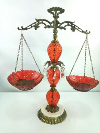 Vintage Ornate Brass And Crystal Scales Of Justice W/ Glass Prisms Red
