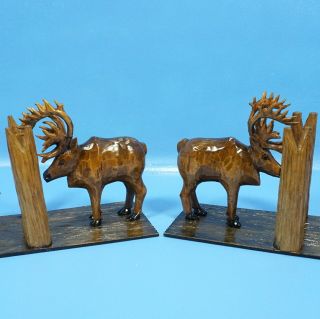 Vintage German Black Forest Wood Carving Hunt Bookends Elk Deer Stag C1950s