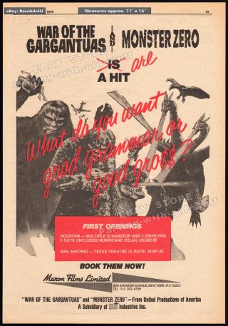 War Of The Gargantuas / Monster Zero_original 1970 Trade Ad Movie Promo_poster