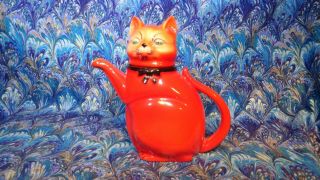 Vtg Antique Czech Teapot Ceramic Pottery Cat Halloween Red Black Orange Cat Htf