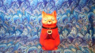 Vtg Antique CZECH Teapot Ceramic Pottery CAT HALLOWEEN RED BLACK ORANGE CAT HTF 2