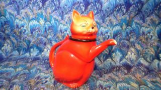 Vtg Antique CZECH Teapot Ceramic Pottery CAT HALLOWEEN RED BLACK ORANGE CAT HTF 3