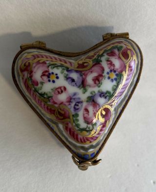 Vintage Peint Main Limoges France Heart Shaped Floral Hinged Trinket Box